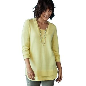 J Jill Mixed Media Layered V Neck Sweater‎ Size XLP Petite Buttercup Long Sleeve